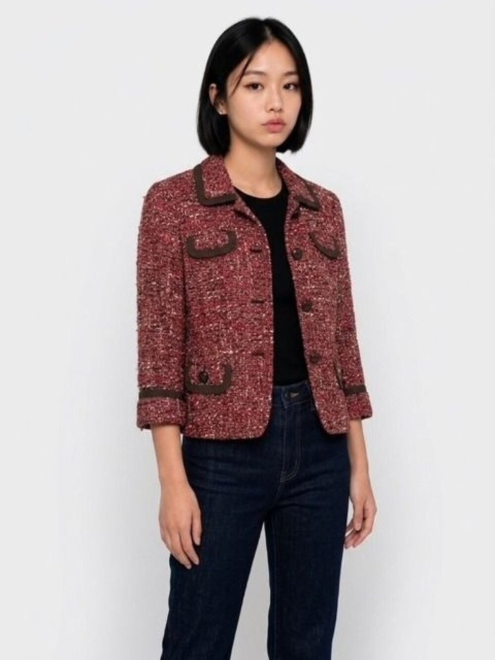 Talbots Women's Burgundy Tweed Jacket With Brown Trim Button Front 3/4 Sleeves - Picture 1 of 6